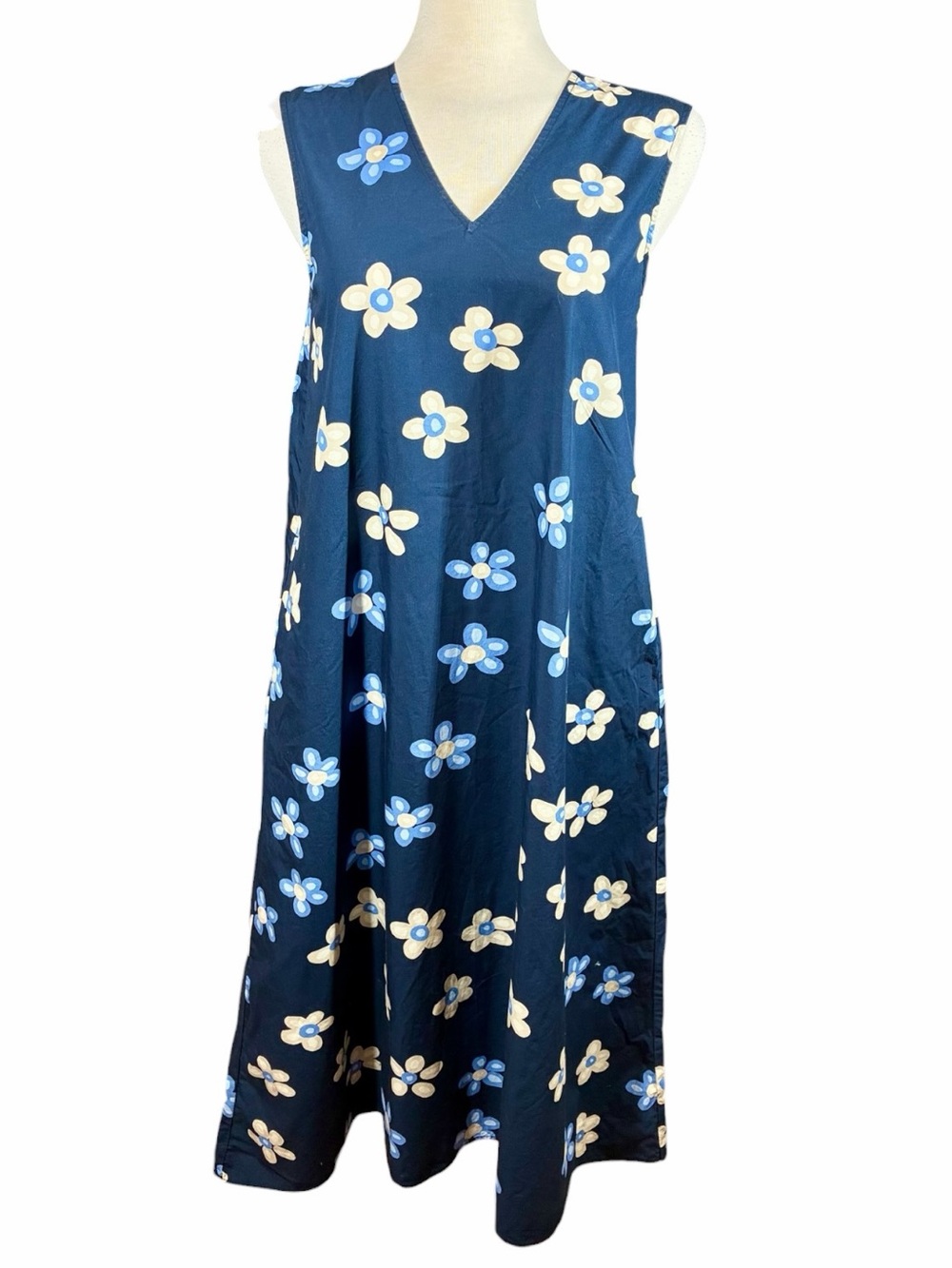 Uniqlo x Marimekko Blue Floral V-Neck Sleeveless Midi Dress 100% Cotton